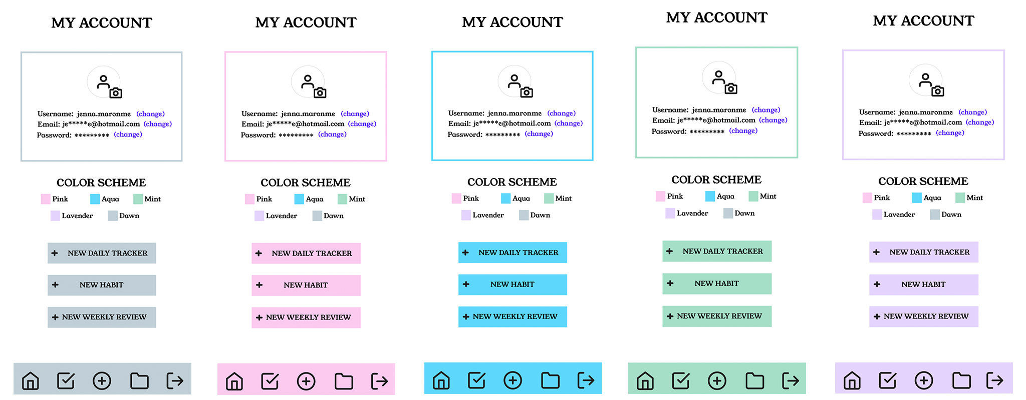 Mobile layout of Account page in the color shades available with the journal profile