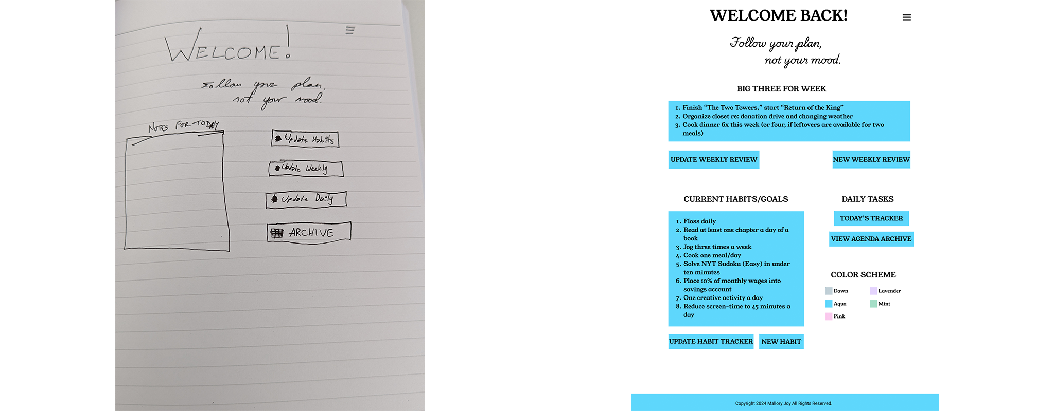 Landing page of planner, in live format compared to initial sketches